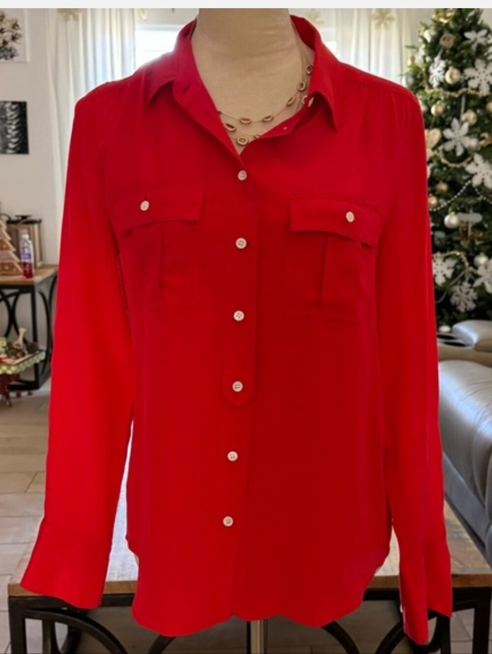 J. Crew Red Silk Long Sleeve Button down Shirt Blouse 4P Blythe #37871 Sp 2012
